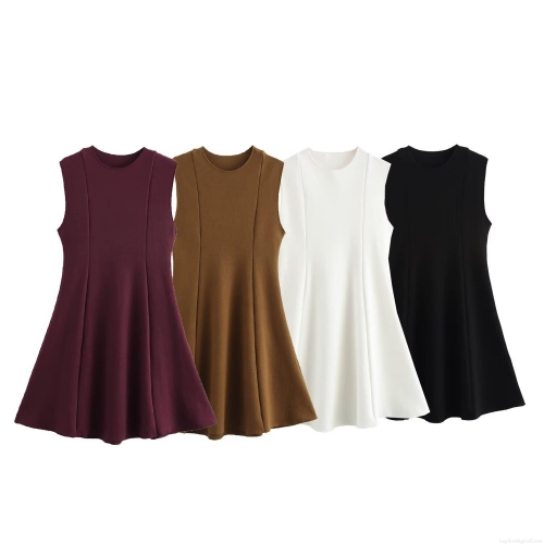 Women Sleeveless Skater Mini Dress Knit Polyester Elastic Round Neck A-Line Solid Color Chic Streetwear Party Outfits