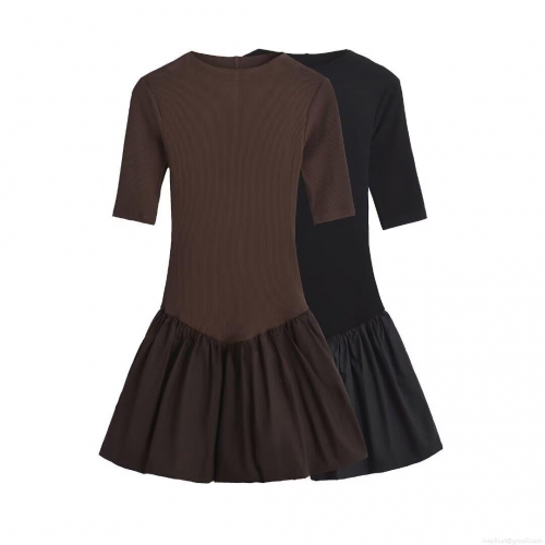 Women Mini Dress Patchwork Knitted Ribbed Top And Woven Pleated Skirt Round Neck Short Sleeve Slim Fit Streetwear Casual Party Fashion Short Dress