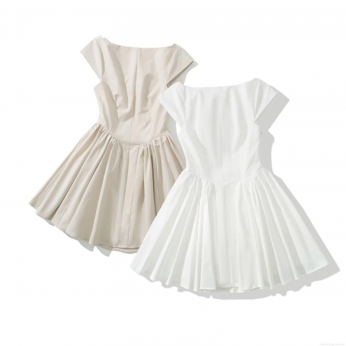 Women's Off-Shoulder Mini Dress 100% Polyester Mesh Patchwork Sleeveless Pleated A-Line Princess Dress For Party Street Fashion Khaki White