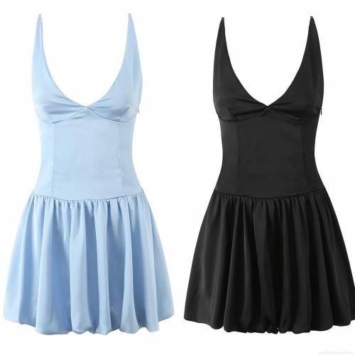 Women's Sexy V-Neck Satin Camisole Dress Backless Lace-up Pleated Mini A-Line Dress Sleeveless Solid Color 100% Polyester Night Out Clubwear Party Dress