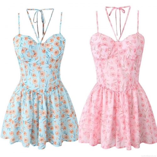 Women's Summer Floral Print Halter Neck Mini Dress 100% Polyester Chiffon Spaghetti Strap Backless Slim Fit Tie Waist Short Dress For Vacation Streetwear Party