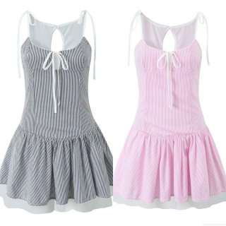 Women Striped Mesh Hem Camisole Mini Dress Tie Shoulder Backless Hollow Out Patchwork Polyester Sexy Party Sleeveless Dress