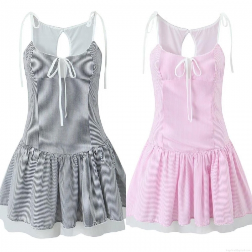 Women Striped Mesh Hem Camisole Mini Dress Tie Shoulder Backless Hollow Out Patchwork Polyester Sexy Party Sleeveless Dress