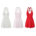 Women Halter Neck Polka Dot Mini Dress Lace Patchwork Sexy Backless Sleeveless A-Line Polyester Spandex Sundress Summer Party Fashion