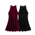 Women's Sexy Velvet Halter Neck Mini Dress Sleeveless A-Line Wavy Hem Party Dress Western Style Solid Color Evening Gown For Ladies