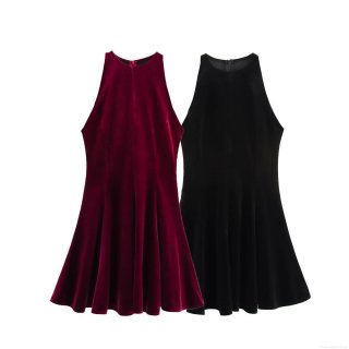 Women's Sexy Velvet Halter Neck Mini Dress Sleeveless A-Line Wavy Hem Party Dress Western Style Solid Color Evening Gown For Ladies