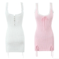 Women Sexy Lace Trim Knitted Cami Mini Dress Ribbed Polyester Lace-up A-Line Short Dress Pink White Bodycon Clubwear Party Dresses For Ladies