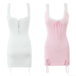 Women Sexy Lace Trim Knitted Cami Mini Dress Ribbed Polyester Lace-up A-Line Short Dress Pink White Bodycon Clubwear Party Dresses For Ladies