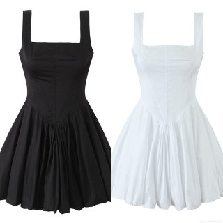 Women's Sexy High Waist Cotton Blend Mini Dress Square Neck Sleeveless Pleated Camisole Dress With Back Zipper For Summer Party Clubwear