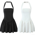 Women's Halter Neck Mini Dress Sexy Backless Pleated A-Line Contrast Color Streetwear Style Sleeveless Polyester Cotton Short Dress For Summer Party