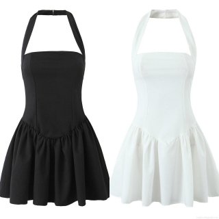 Women's Halter Neck Mini Dress Sexy Backless Pleated A-Line Contrast Color Streetwear Style Sleeveless Polyester Cotton Short Dress For Summer Party