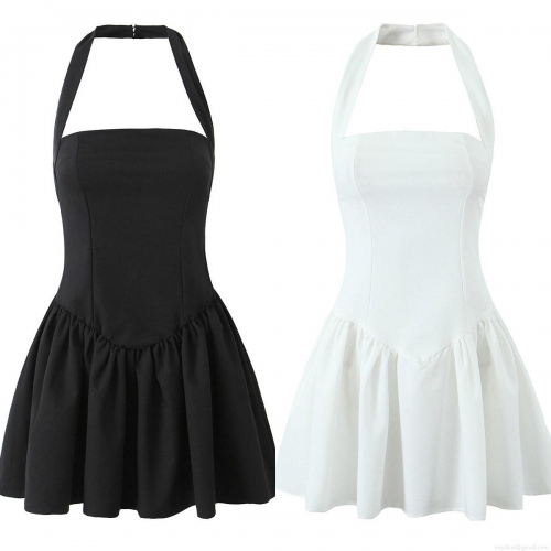 Women's Halter Neck Mini Dress Sexy Backless Pleated A-Line Contrast Color Streetwear Style Sleeveless Polyester Cotton Short Dress For Summer Party