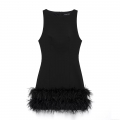 Women's Sexy Sleeveless Round Neck Mini Dress Elegant Black Polyester Feather Trim Bodycon Party Clubwear A-Line Dress