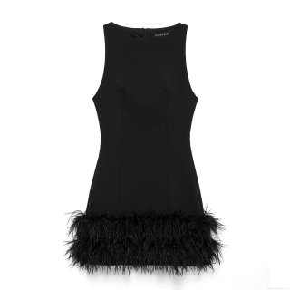 Women's Sexy Sleeveless Round Neck Mini Dress Elegant Black Polyester Feather Trim Bodycon Party Clubwear A-Line Dress