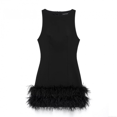 Women's Sexy Sleeveless Round Neck Mini Dress Elegant Black Polyester Feather Trim Bodycon Party Clubwear A-Line Dress