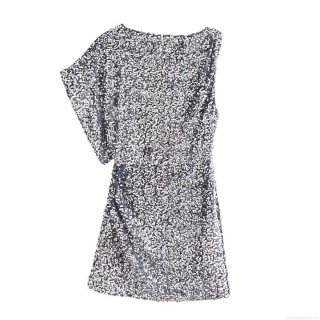 Women's Sexy One-Shoulder Sequin Mini Dress Silver Asymmetrical Bodycon Party Dress Polyester Evening Banquet Gown Clubwear Short Sleeve Cocktail Dress