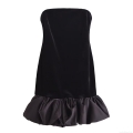 Women Sexy Strapless Velvet Satin Patchwork Mini Dress Elegant Solid Black Ruffle Hem A-Line Tube Top Party Dress For Women Club Night Out Cocktail Dress