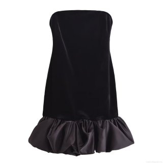 Women Sexy Strapless Velvet Satin Patchwork Mini Dress Elegant Solid Black Ruffle Hem A-Line Tube Top Party Dress For Women Club Night Out Cocktail Dress