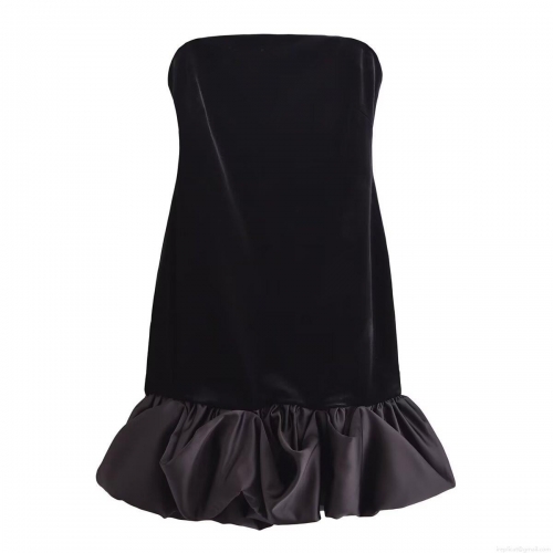 Women Sexy Strapless Velvet Satin Patchwork Mini Dress Elegant Solid Black Ruffle Hem A-Line Tube Top Party Dress For Women Club Night Out Cocktail Dress