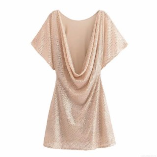 Women Sexy Cowl Neck Backless Sequin Mini Dress Elegant Sparkly Short Sleeve A-Line Party Cocktail Evening Club Dresses Champagne Gold