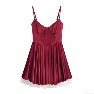 French Vintage Wine Red Velvet Mini Dress Women Elegant White Lace Trim Camisole Dress Party Night Clubwear Sexy Slim Fit Bodycon Short Dresses