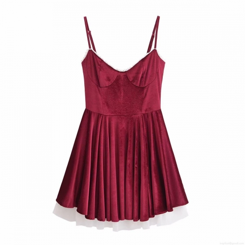 French Vintage Wine Red Velvet Mini Dress Women Elegant White Lace Trim Camisole Dress Party Night Clubwear Sexy Slim Fit Bodycon Short Dresses