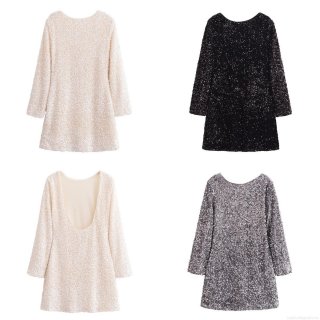 Women's Sexy Backless Sequin Mini Dress Long Sleeve Round Neck Shiny Party Clubwear Night Out Bodycon Short Dress Cocktail Banquet Gown