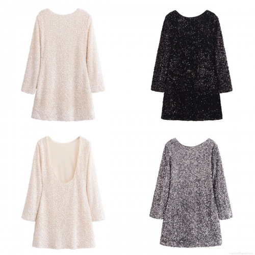 Women's Sexy Backless Sequin Mini Dress Long Sleeve Round Neck Shiny Party Clubwear Night Out Bodycon Short Dress Cocktail Banquet Gown