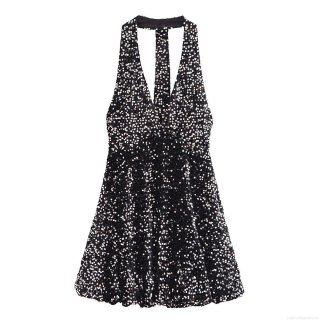 Sexy Sequin Halter Neck Mini Dress For Women Sleeveless V-Neck Backless A-Line Bodycon Cocktail Party Dress Polyester Silver Sparkly Evening Dress