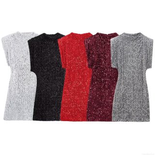 Women Sleeveless Sequin Mini Dress Sparkling Padded Shoulder Bodycon Party Nightclub Round Neck Back Zipper Polyester Evening Wear For Ladies