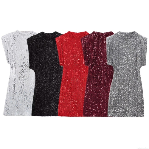 Women Sleeveless Sequin Mini Dress Sparkling Padded Shoulder Bodycon Party Nightclub Round Neck Back Zipper Polyester Evening Wear For Ladies