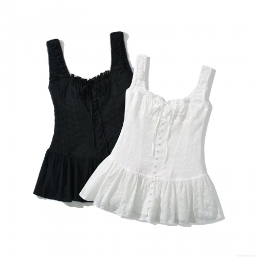 Women Sexy Eyelet Embroidery Spaghetti Strap Mini Dress Slim Fit Square Neck Sleeveless Lace Tie Front Bow Dress Summer Streetwear Party Clubwear