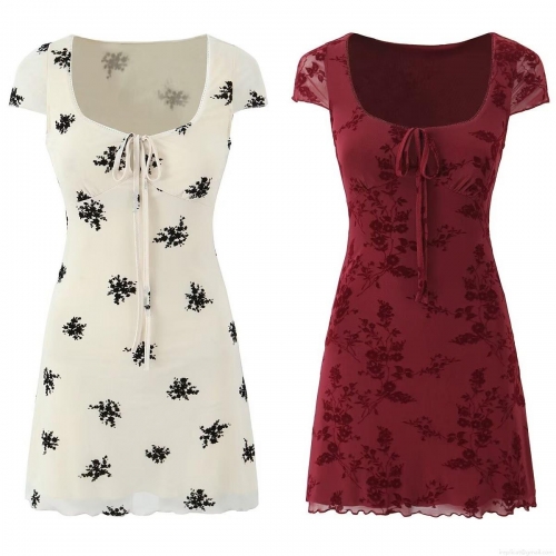 Women's French Retro Floral Flocking Mesh Mini Dress Square Neck Short Sleeve Tie-Up A-Line Dress Sexy Slim Fit Evening Party Clubwear Streetwear