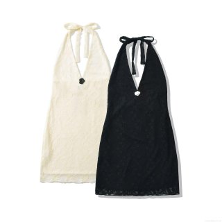 Sexy Women Lace Halter Backless Mini Dress Nylon Spandex Polyester Hollow Out Slim Fit Bodycon Party Dress With 3D Rose Flower Decoration