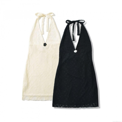 Sexy Women Lace Halter Backless Mini Dress Nylon Spandex Polyester Hollow Out Slim Fit Bodycon Party Dress With 3D Rose Flower Decoration