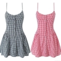 Women's Sexy Gingham Plaid Camisole Dress 100% Cotton Button Up Summer Mini Dress Streetwear Smocked Back A-Line Sundress