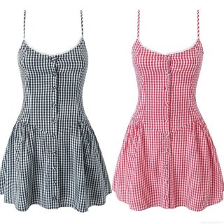 Women's Sexy Gingham Plaid Camisole Dress 100% Cotton Button Up Summer Mini Dress Streetwear Smocked Back A-Line Sundress