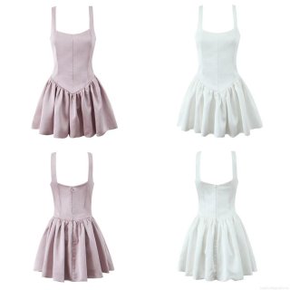 Women's Elegant Square Neck Satin Cami Dress Sexy Slim Fit Puffy Bud Hem Party Cocktail Sleeveless Mini Dress for Summer Streetwear