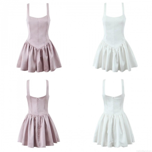 Women's Elegant Square Neck Satin Cami Dress Sexy Slim Fit Puffy Bud Hem Party Cocktail Sleeveless Mini Dress for Summer Streetwear