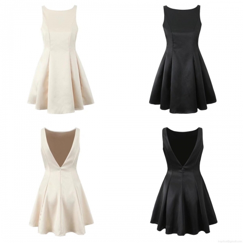Women's Sleeveless Backless A-Line Mini Dress Elegant Round Neck Deep V Satin Texture Polyester Spandex Party Dress Solid Color European Style Slim Fit Short Swing Dress