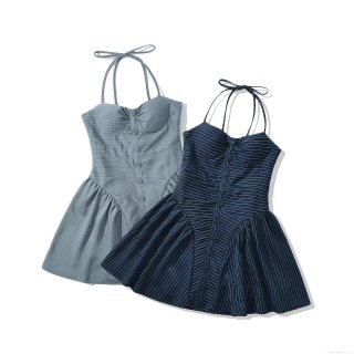 Women's Sexy Halter Neck Striped Mini Dress Sleeveless Backless A-Line Short Skirt With Decorative Buttons For Summer Vacation Party Casual Streetwear