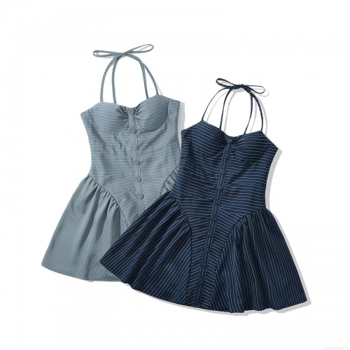 Women's Sexy Halter Neck Striped Mini Dress Sleeveless Backless A-Line Short Skirt With Decorative Buttons For Summer Vacation Party Casual Streetwear