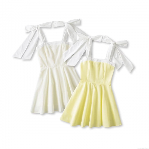 Women's Chic Polyester Mini Dress With Bow Tie Straps Color Block A-Line Summer Sleeveless Square Neck Back Zipper Short Skirt Streetwear For Women Party Beach