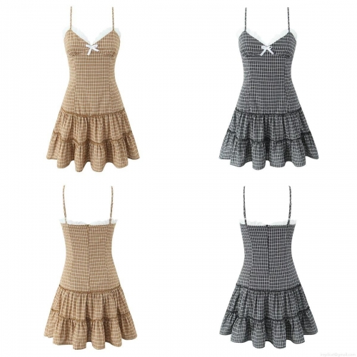 Women's Plaid Camisole Mini Dress Cotton Blend Lace Trim Bow Decor V-Neck Sleeveless A-Line Layered Cake Skirt Streetwear Daily Dress