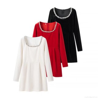 Women European Style Velvet Mini Dress Elegant Long Sleeve Beaded Rhinestone Round Neck Slim Fit A-Line Party Dress Sexy Streetwear Short Skirt For Ladies Autumn Spring