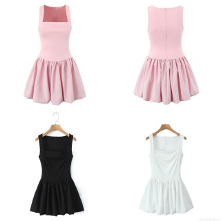Women's Fashion Square Neck Sleeveless Mini Dress Solid Color Pleated A-Line Summer Streetwear Party Knitted Polyester Short Dress For Lady