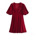 Elegant Wine Red Velvet Polyester Puff Sleeve Mini Dress Retro Peter Pan Collar V-Neck Short Dress For Women Party Dating Autumn Winter