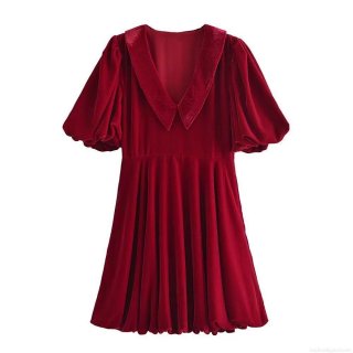 Elegant Wine Red Velvet Polyester Puff Sleeve Mini Dress Retro Peter Pan Collar V-Neck Short Dress For Women Party Dating Autumn Winter