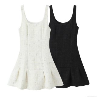 French Retro Tweed Sleeveless Mini Dress Women Square Neck Wool Blend Pleated Hem A-Line Short Skirt Elegant Party Wear Dress