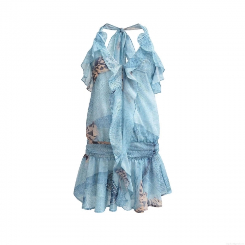 Women's Light Blue Halter V-Neck Mini Dress Leopard Striped Print Ruffled Sleeveless A-Line Backless Boho Vacation Party Sundress